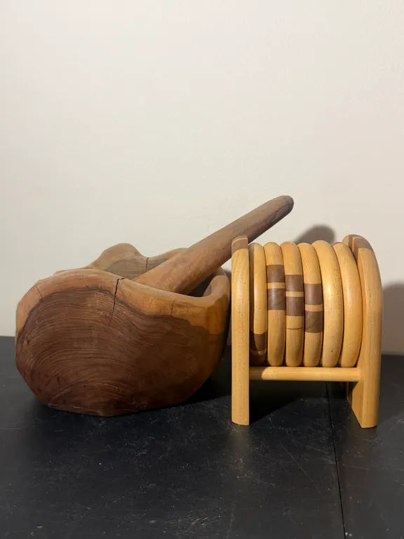 Antique Primitive Hand-Carved Wooden Dough Bowl & Pestle