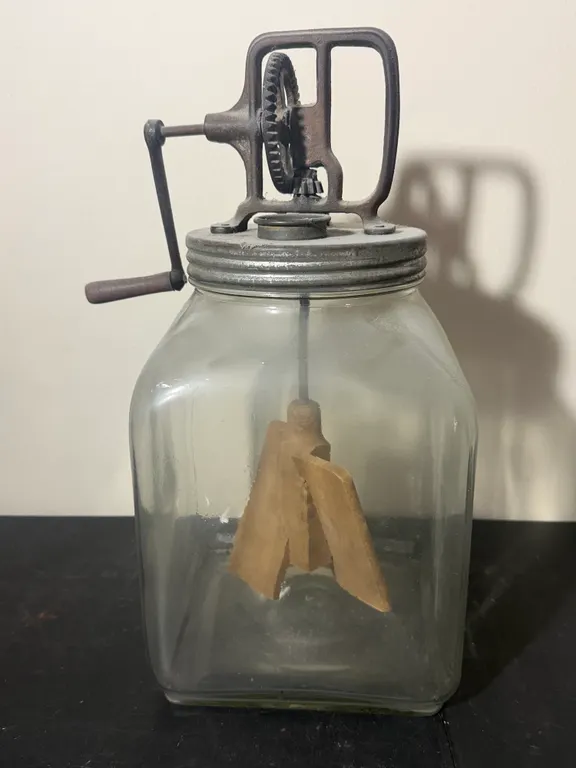 Antique Glass Butter Churn with Cast Iron Gear Mechanism