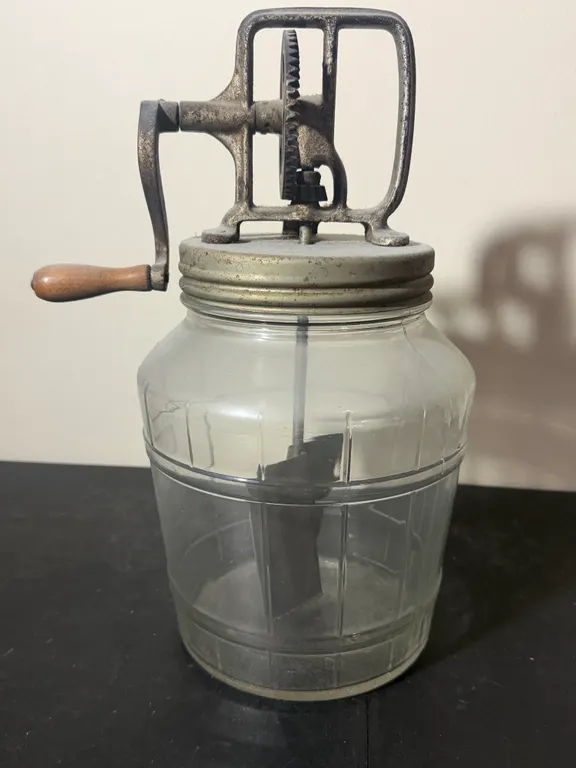 Antique Glass Butter Churn with Cast Iron Hand Crank