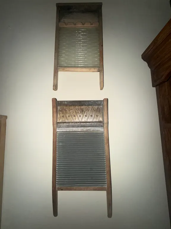 Antique Wooden Framed Glass & Metal Washboards – Set of 2