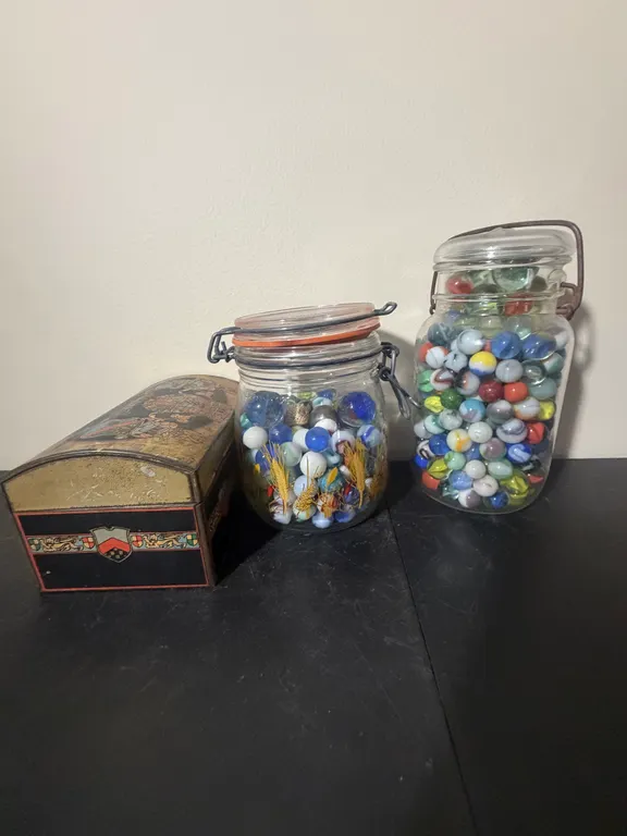 Vintage Glass Marble Collection in Clamp-Lid Jars & Decorative Tin