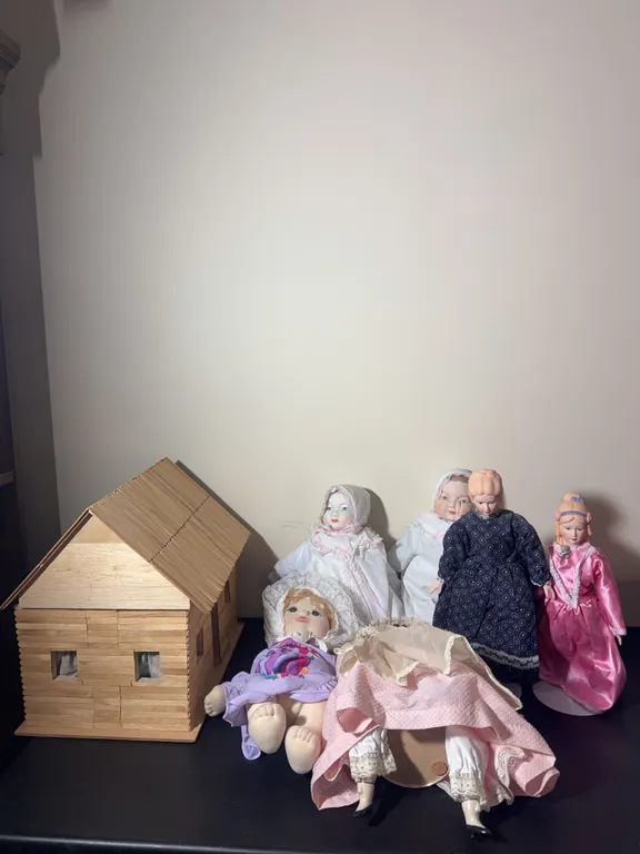 Handmade Wooden Log Cabin Model & Vintage Doll Collection