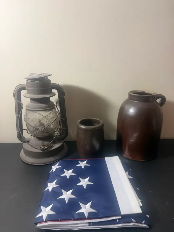 Vintage Dietz Kerosene Lantern, Stoneware Crocks & American Flag