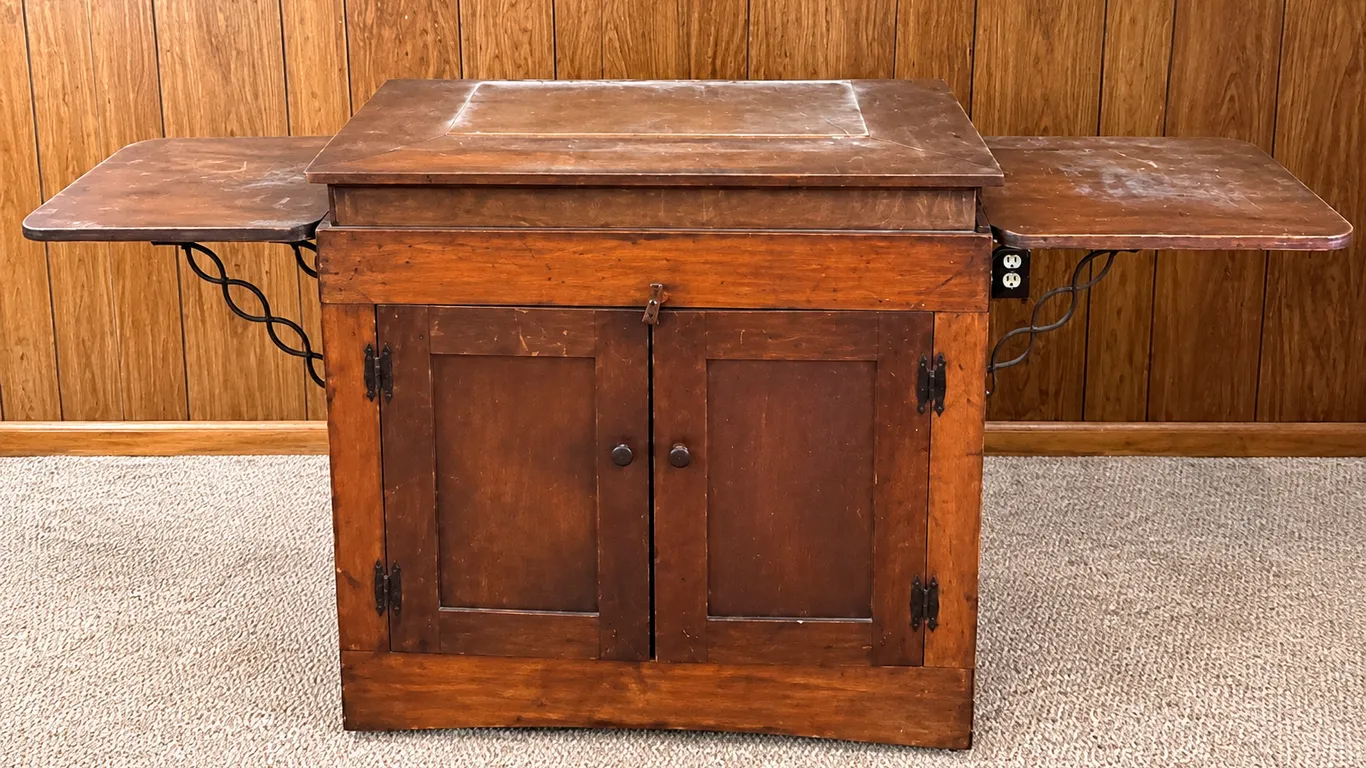 Antique Wooden Kitchen Work Cabinet with Drop-Leaf Side Extensions