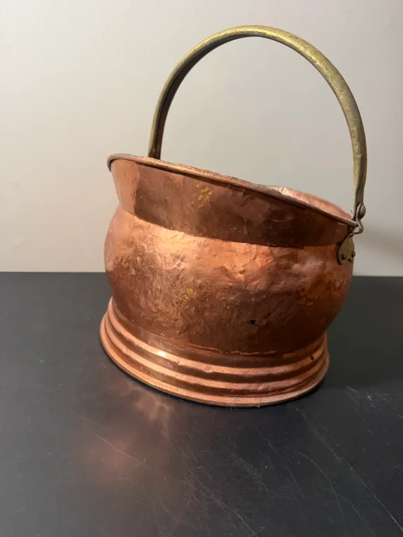 intage Copper Coal Scuttle Bucket with Brass Swing Handle