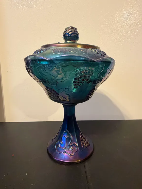 Vintage Blue Carnival Glass Grape Pattern Covered Compote