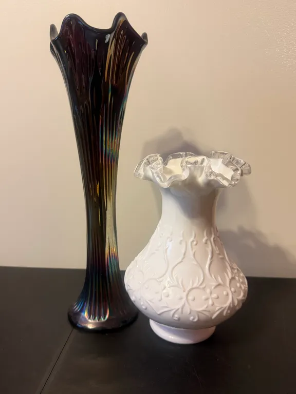 Fenton Silver Crest Spanish Lace Milk Glass Vase & 10" Fine Rib Carnival Glass Swung Vase