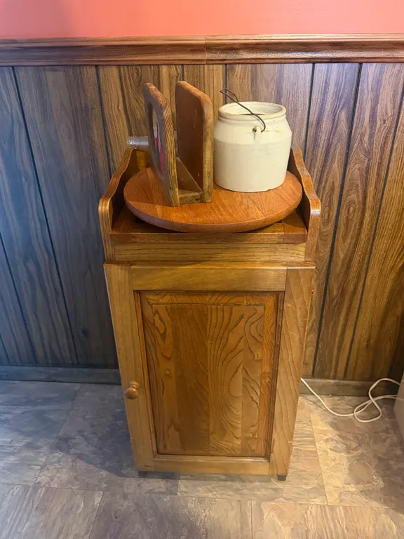 Wooden Trash Cabinet, Lazy Susan, Napkin Holder & Vintage Stoneware Crock
