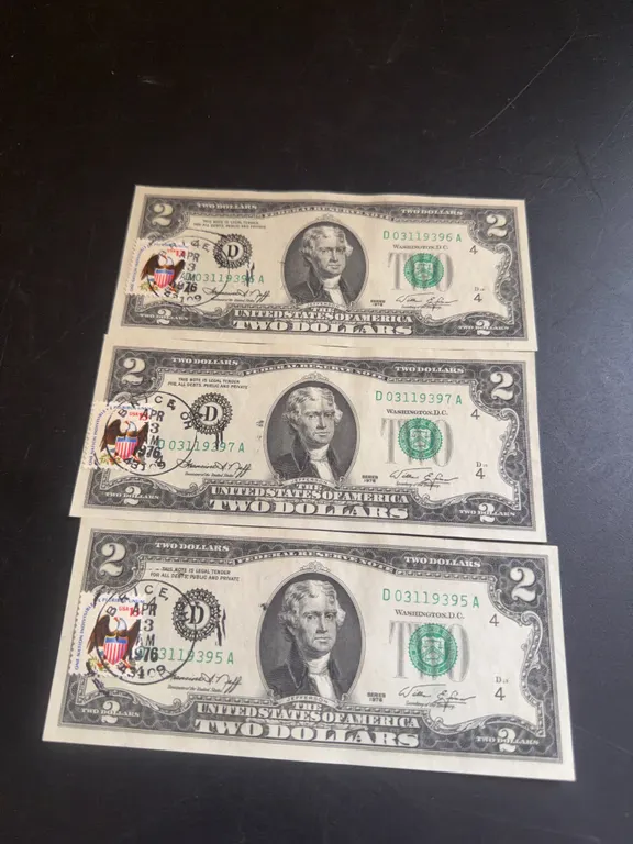 Three 1976 Bicentennial $2 Bills with First Day Issue Stamps