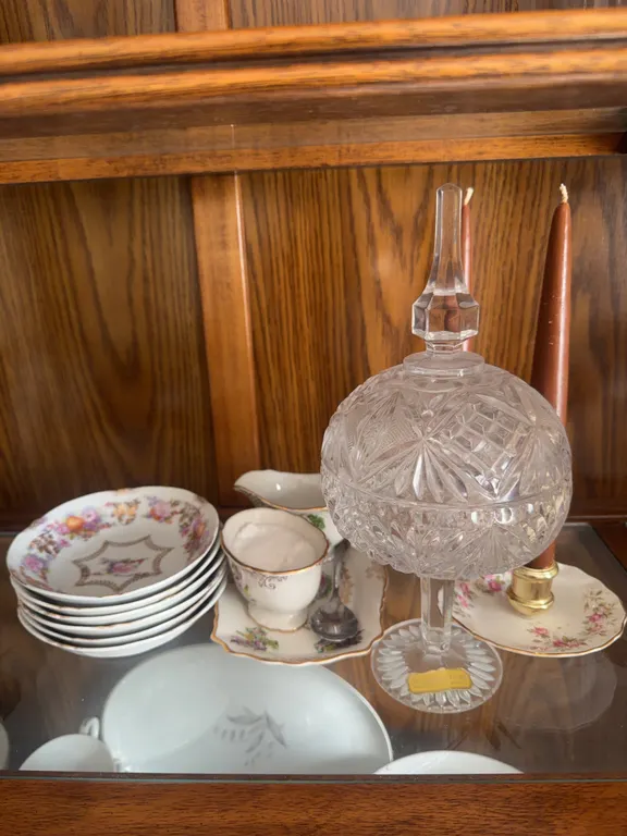 Vintage Cut Glass Covered Compote & Floral China Assortment