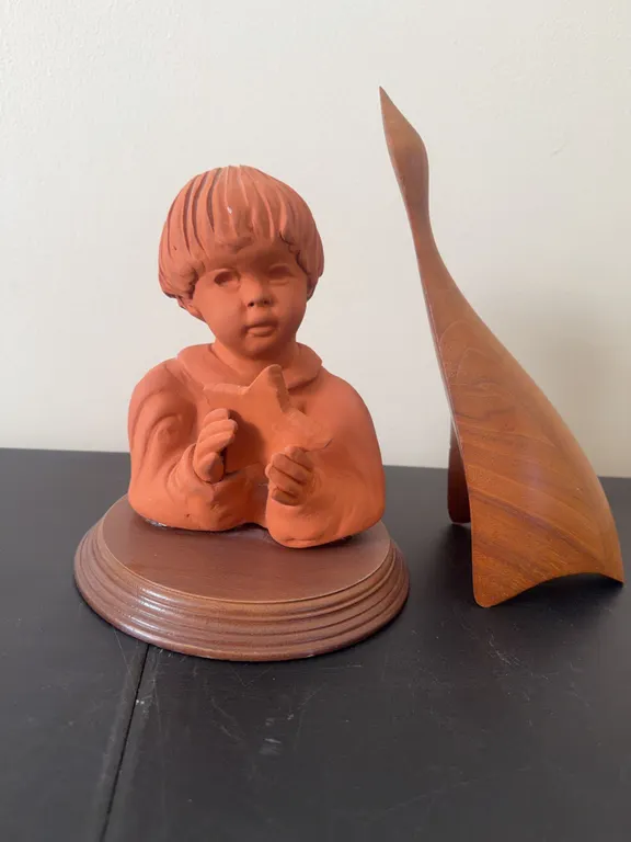 Ann Entis Terracotta Child Sculpture & Signed Middleton Canada Carved Wooden Bird