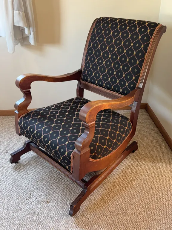 Vintage Wood Frame Upholstered Armchair with Black Patterned Fabric