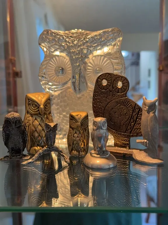 Vintage Owl Figurine Collection – Crystal, Brass, Metal & Wood