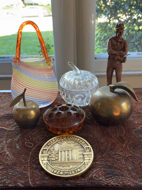Art Glass Purse Vase, Crystal Apple, Brass Apples & Decorative Collectibles