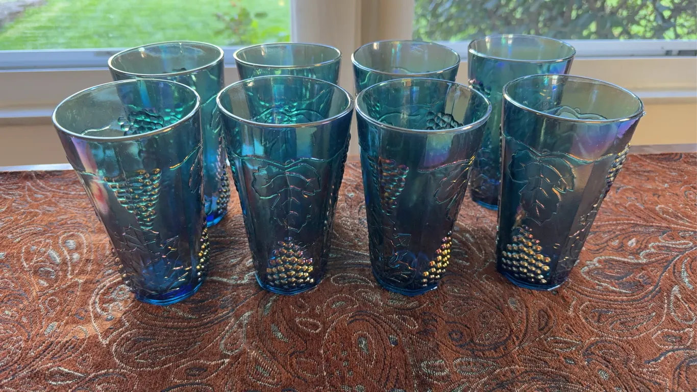 Set of 8 Indiana Glass Colony Harvest Carnival Blue Iridescent Tumblers