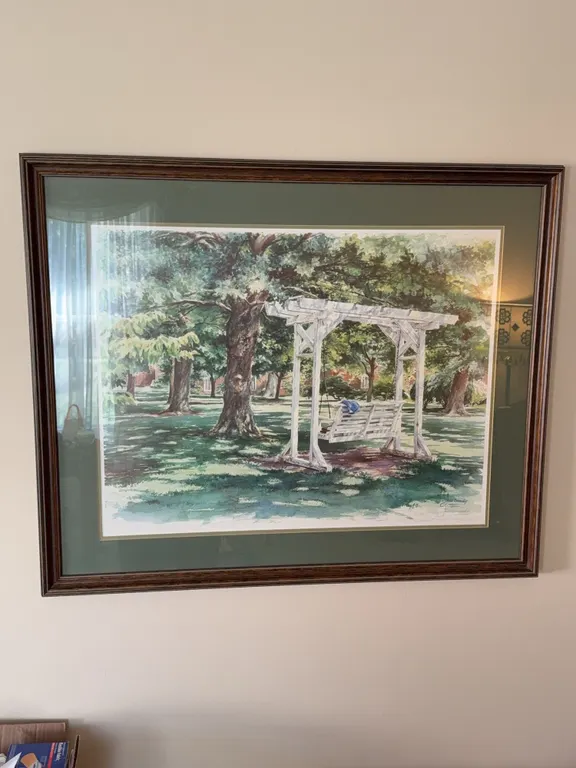 Framed Signed Landscape Art Print with Garden Swing