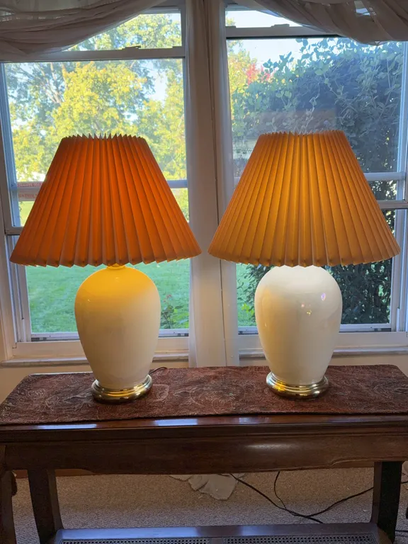 Pair of Vintage White Ceramic Table Lamps with Pleated Shades