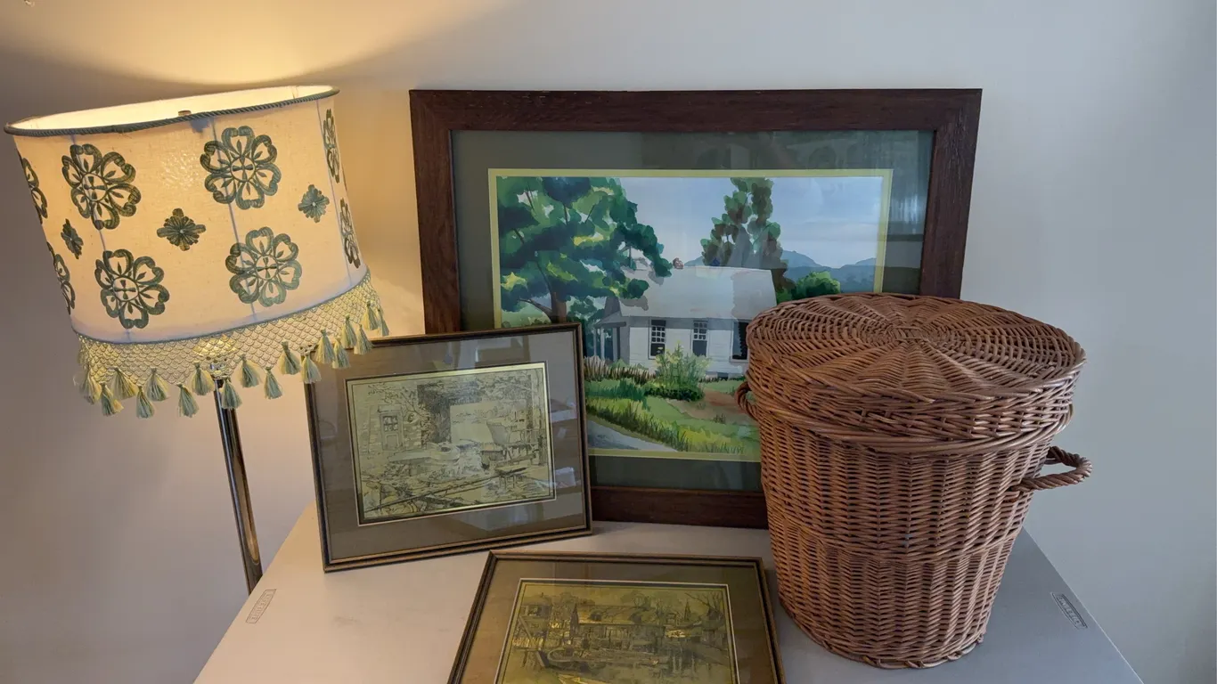Vintage Floor Lamp, Framed Artwork & Wicker Basket