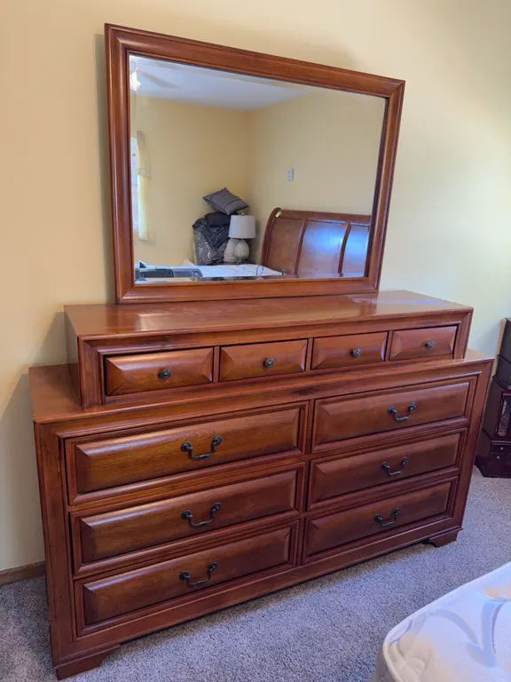 Large Wooden Dresser with Matching Framed Mirror