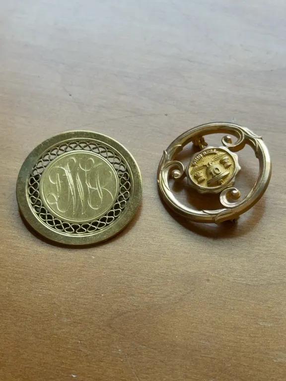 Wells 14K Gold Monogram Brooch & 1/10 10K Gold Service Pin
