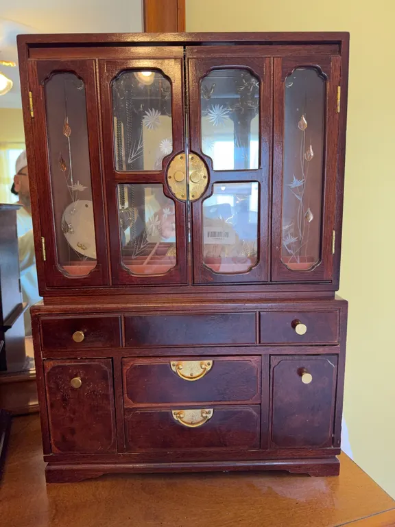 Vintage Asian Style Wooden Jewelry Cabinet with Etched Glass Doors