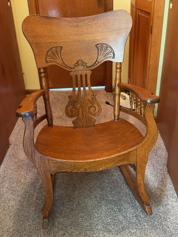 Antique Oak Carved Lyre Back Armchair