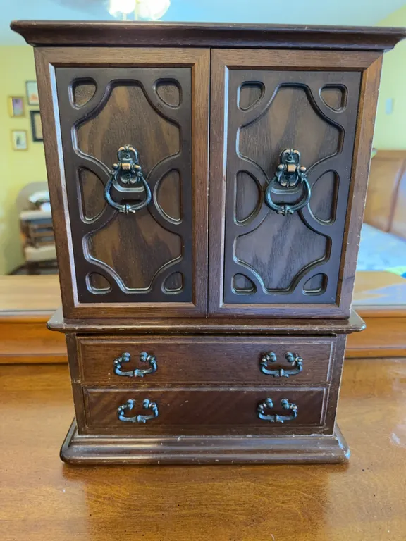 Vintage Wooden Jewelry Armoire with Carved Doors