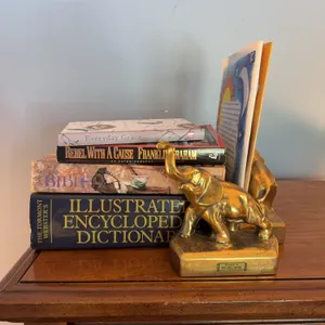 Vintage Brass Elephant Bookends & Assorted Books