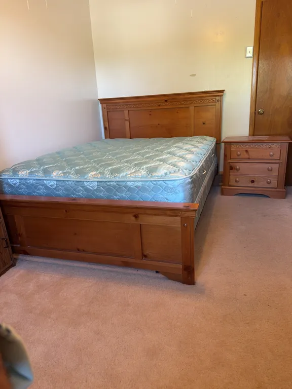 Pine Wood Bed Frame with Matching Three-Drawer Nightstand & Mattress