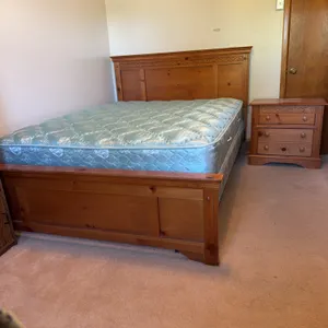 Pine Wood Bed Frame with Matching Three-Drawer Nightstand & Mattress