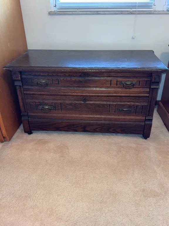 Vintage Oak Two-Drawer chest with Ornate Brass Hardware