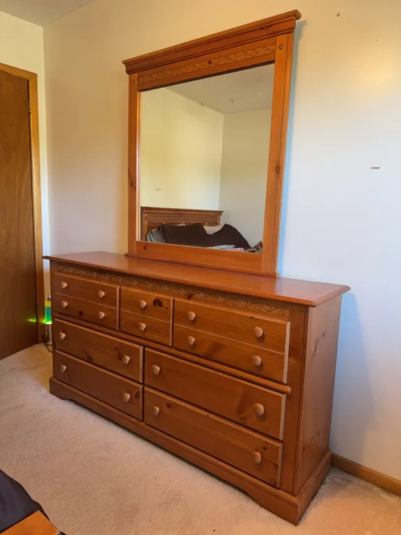 Pine Wood Triple Dresser with Matching Framed Mirror
