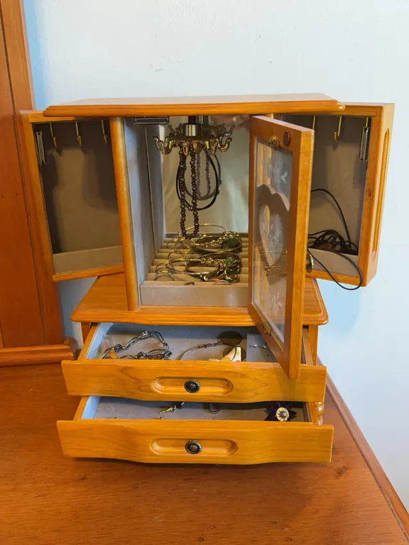 Wooden Jewelry Armoire with Glass Doors & Drawers