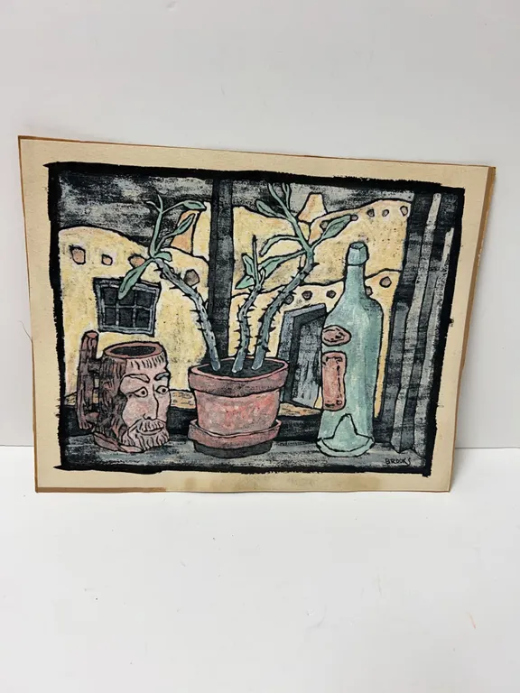 Brooks Signed Still Life Painting with Plant and Bottle