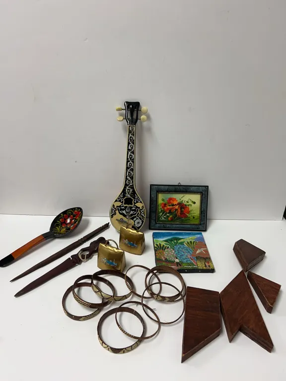 Folk Art Lot: Bangles, Mini Instruments, Paintings