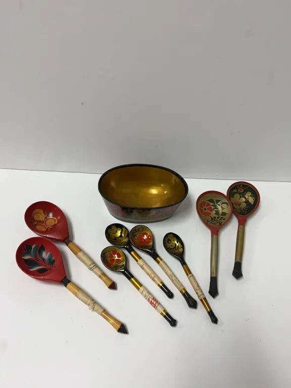 Russian Khokhloma Hand-Painted Wooden Spoon Set with Bowl
