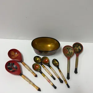 Russian Khokhloma Hand-Painted Wooden Spoon Set with Bowl