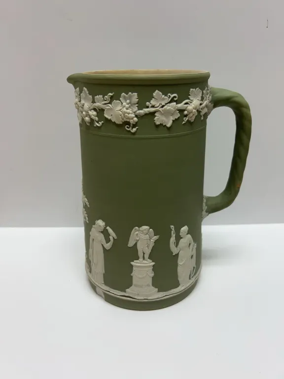 Wedgwood Green Jasperware Relief Decorated Pitcher
