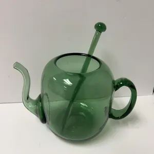 Green Blown Glass Teapot with Matching Stir Rod