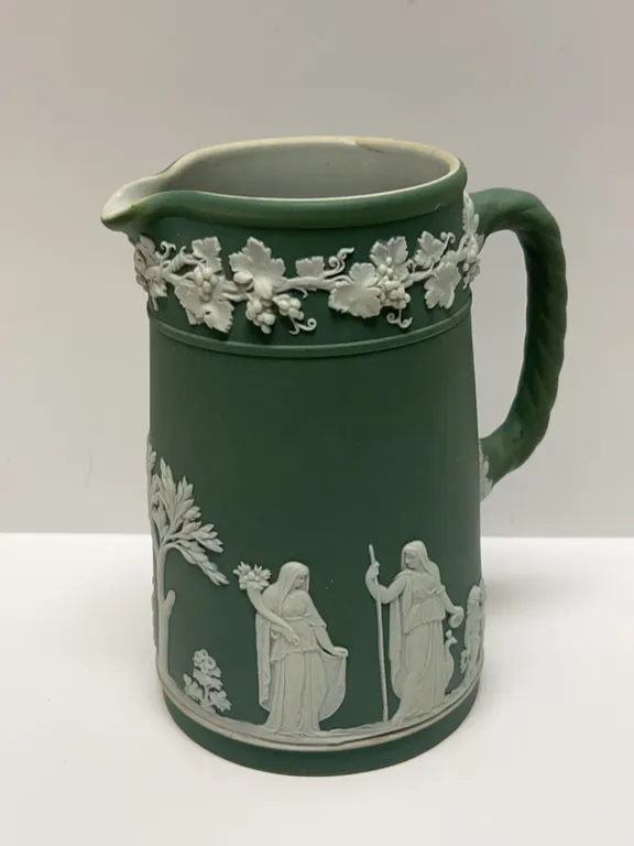 Wedgwood Green Jasperware Relief Decorated Pitcher
