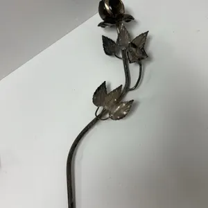 Metal Rose Stem Sculpture with Textured Leaves