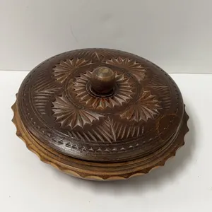Carved Lidded Wooden Bowl with Geometric Leaf Motif
