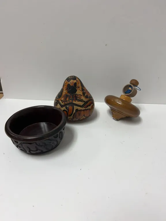 Carved Wood Bowl, Painted Gourd Box, and Wood Spinning Top