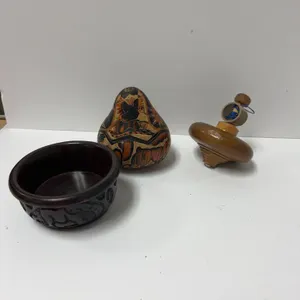 Carved Wood Bowl, Painted Gourd Box, and Wood Spinning Top