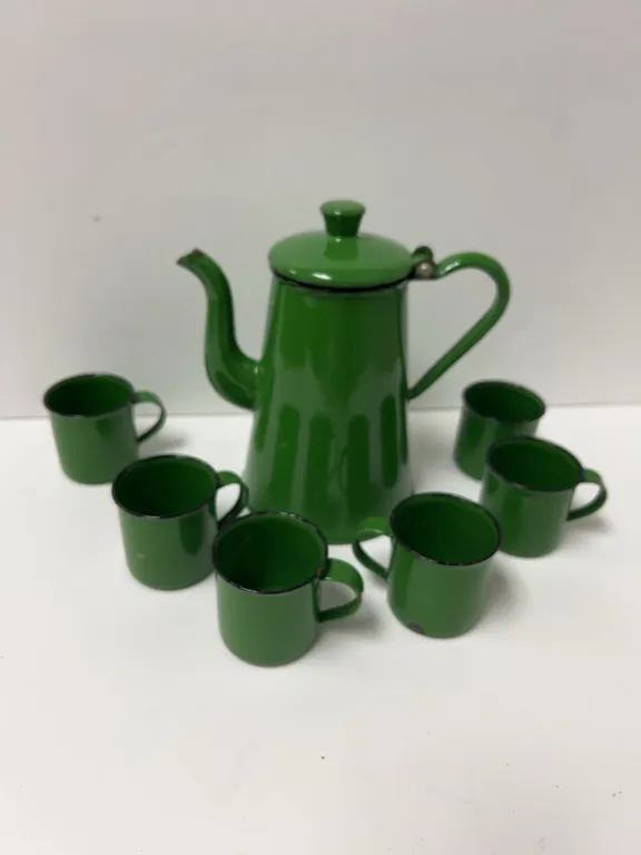 Green Enamelware Coffee Pot with Six Matching Cups