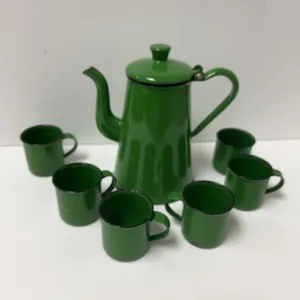 Green Enamelware Coffee Pot with Six Matching Cups