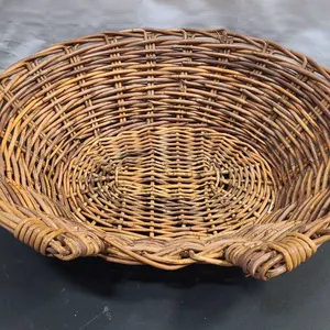 Large Woven Willow Basket with Cutouts and Reinforced Rim