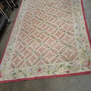 Hand-Hooked Wool Area Rug With Floral Border and Geometric Field