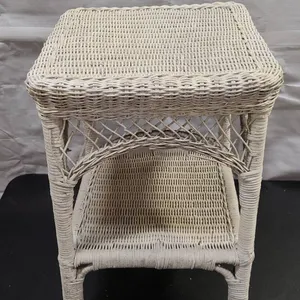 White Two-Tier Wicker Side Table with Lattice Detail
