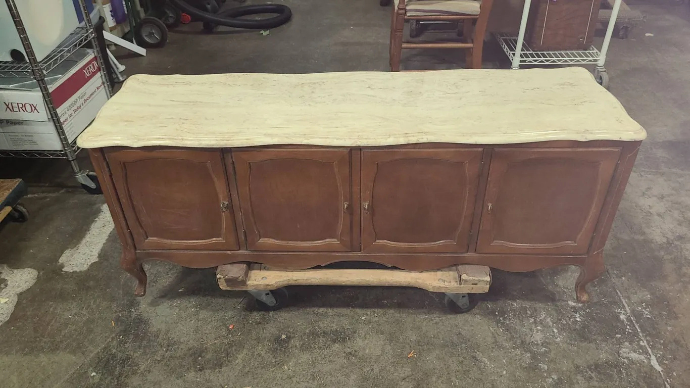 Wooden Coffee Table with Storage, Cream Marble Top & Four Doors